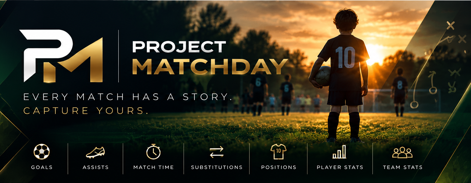 Project Matchday brand artwork showing young footballers on a pitch at sunset, with the Every match has a story. Capture yours. message.